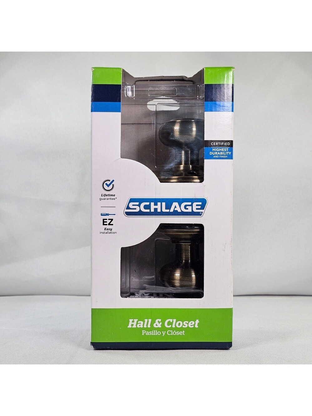 New Schlage Georgian Passage Door Knob Antique Brass Hall & Closet F10 V GEO 609
